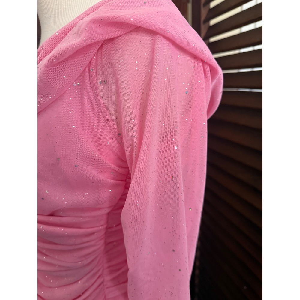 SHEIN Pink Glitter Mesh Ruched Bodycon Mini Dress Long Sleeve Wrap Front XL - Picture 4 of 9